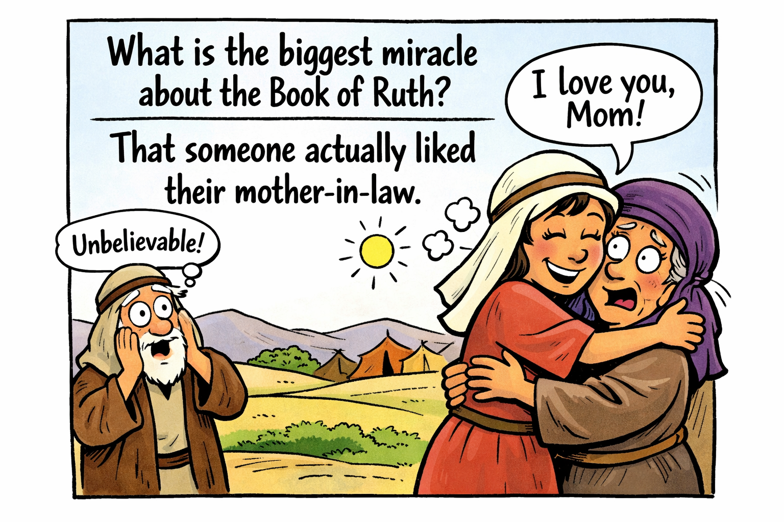 Cartoon of Ruth hugging her mother-in-law Naomi while a man looks shocked