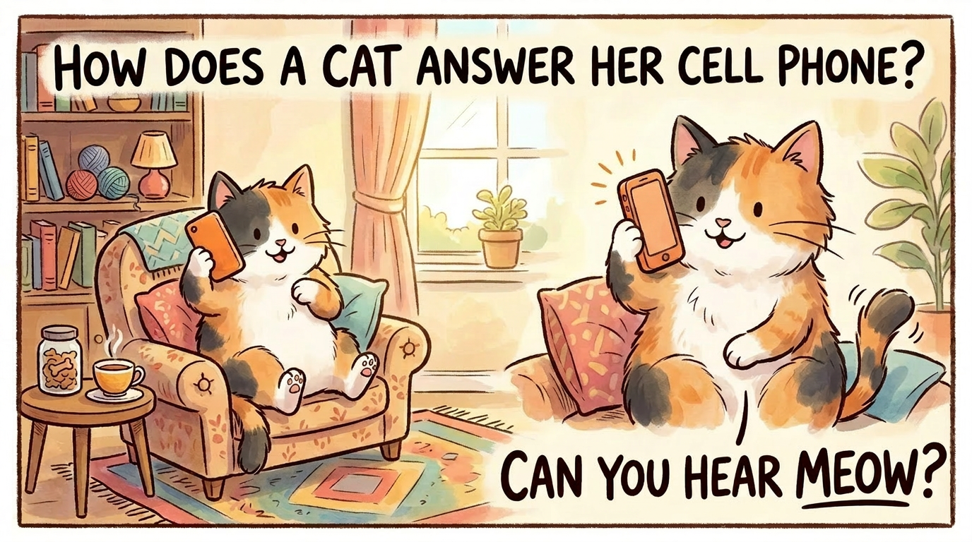 Cartoon of a cat answering a cell phone