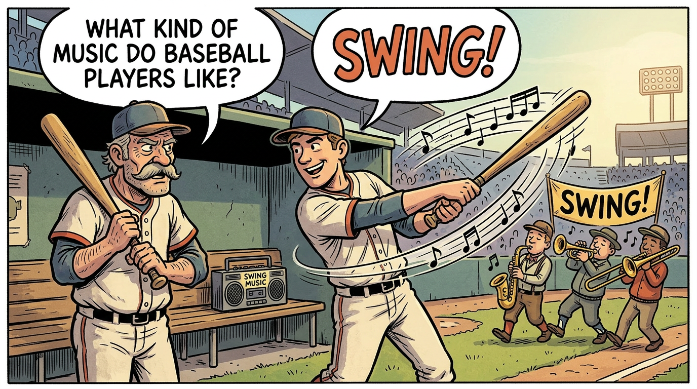 Cartoon of baseball players in a dugout with a swing band playing on the field