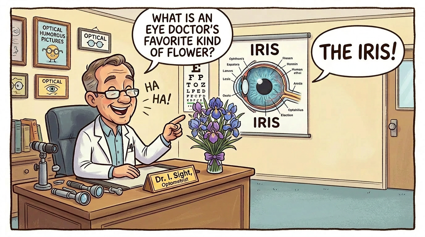 Cartoon of an optometrist laughing at his desk with iris flowers and an eye diagram