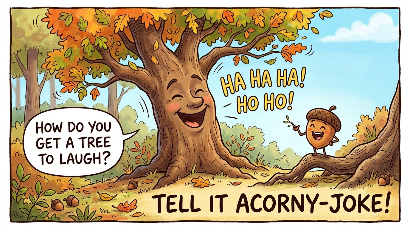 Cartoon of a laughing tree and a little acorn character telling jokes in autumn