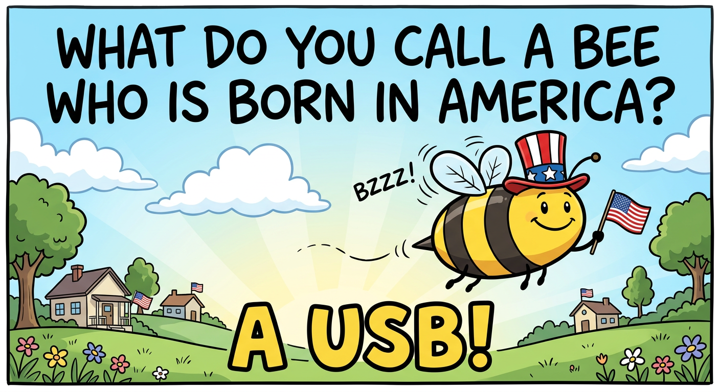 Cartoon of a bee wearing an Uncle Sam hat and waving an American flag