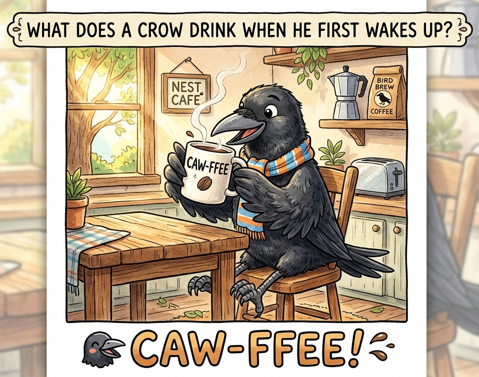 Cartoon of a crow wearing a scarf drinking from a mug labeled CAW-FFEE at the Nest Cafe